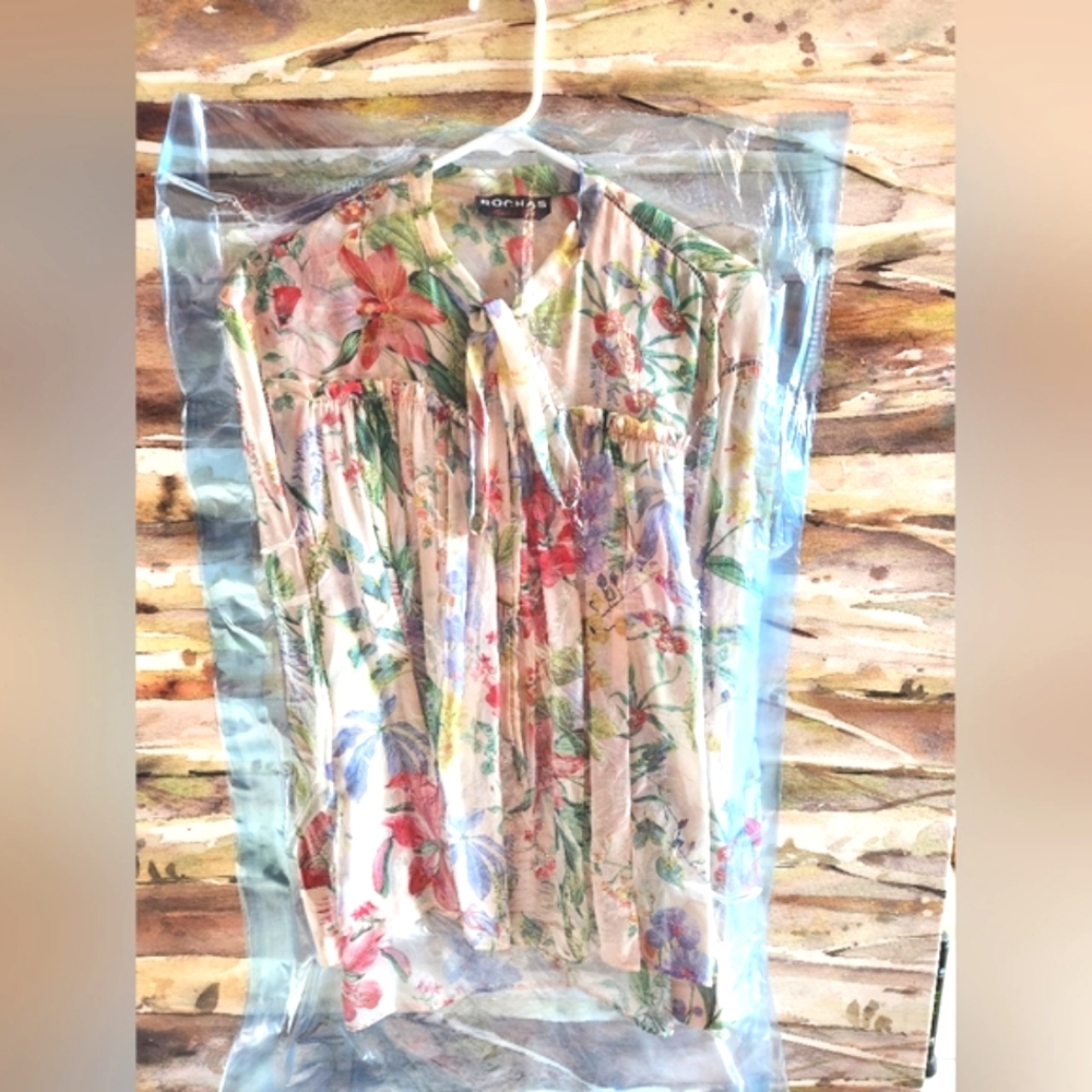 ROCHAS Gorgeous Silk ITALY Flowers Tie Bow Neck Luxury LS Sheer Blouse EUC LN 40 - Picture 16 of 16